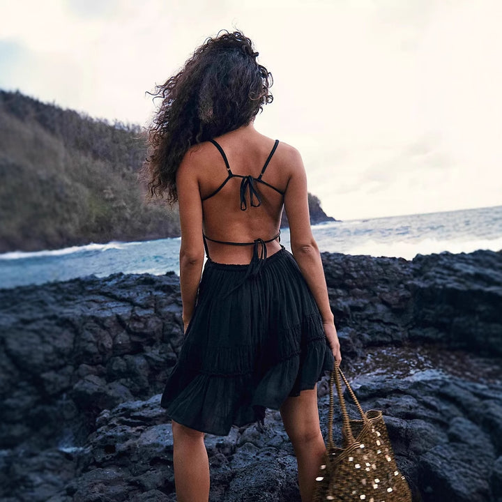 Damen luftiges Sommerkleid mit Rüschendetails und verstellbaren Trägern Drune