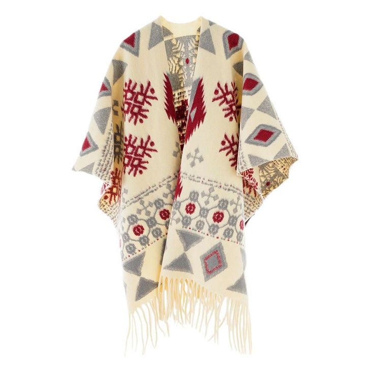 Damen Jacquard Überwurfcape aus feinem Strick mit Paisley-Bordüre Drune