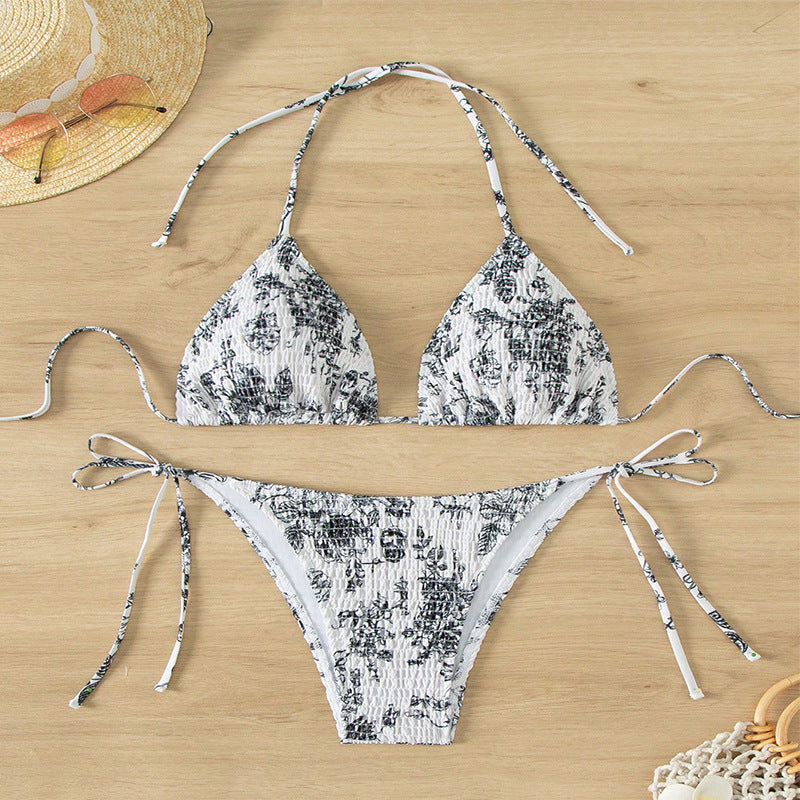 Damen Triangelbikini mit verspieltem Blütenmuster und einstellbaren Bindebändern Drune