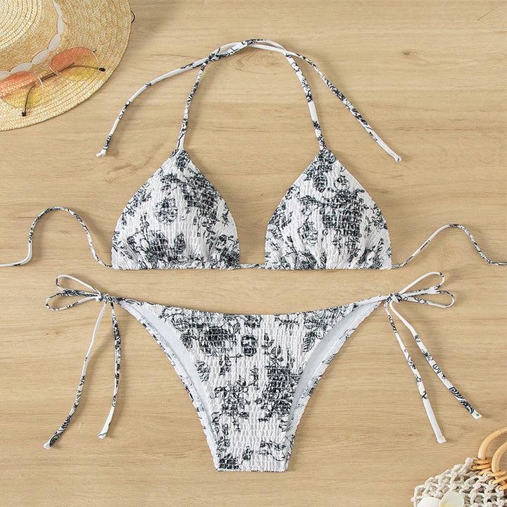Damen Triangelbikini mit verspieltem Blütenmuster und einstellbaren Bindebändern Drune
