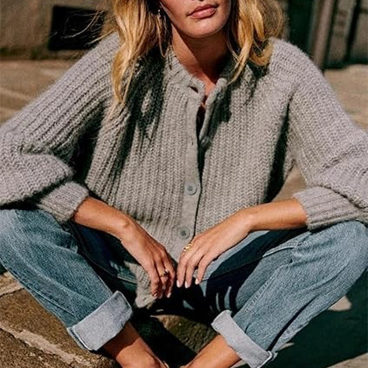 Damen Oversize Mohair-Effekt Strickjacke mit Rippenstruktur und Rundhalsausschnitt Drune