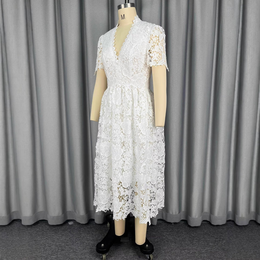 Damen Spitzen-Midi-Kleid mit elegantem V-Ausschnitt und Vintage-Rüschendetails Drune