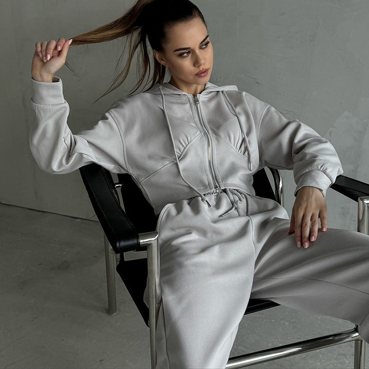 Damen kurzes Reißverschluss-Cropped-Hoodie mit hoher Bund Palazzo-Jogginghose Set Drune