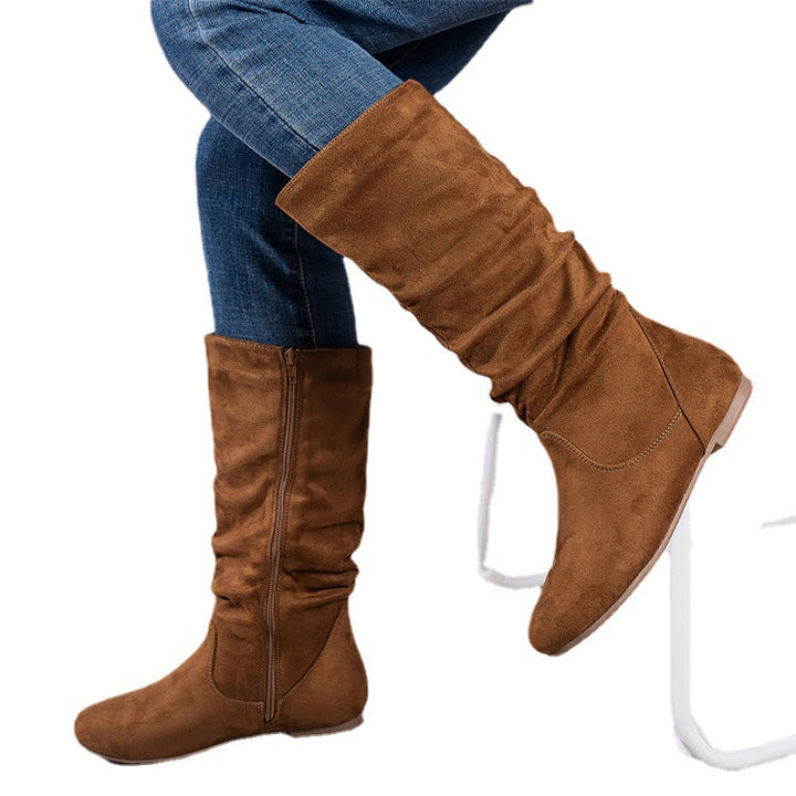 Damen Slouch-Stiefel mit flachem Absatz, seitlichem Reißverschluss und weichem Velours Drune