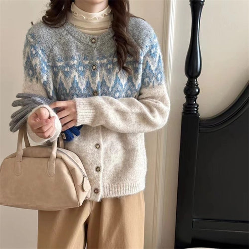 Damen Grobstrick Cardigan mit geometrischem Fair-Isle-Muster und eleganter Knopfleiste Drune