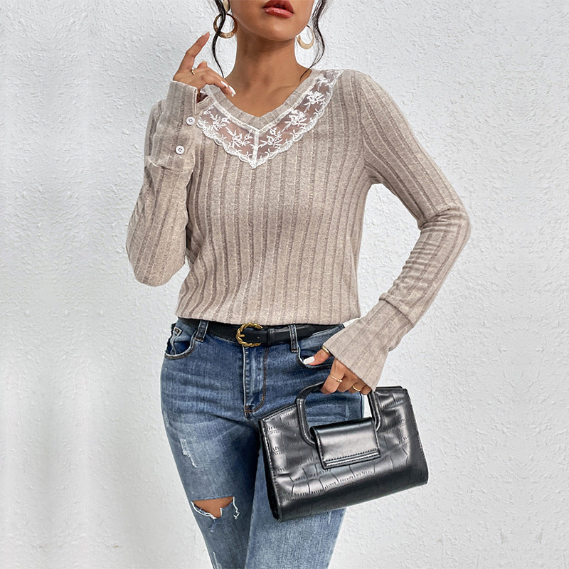 Damen Geripptes Feinstrick-Longsleeve mit V‑Ausschnitt und Spitzenpasse Drune