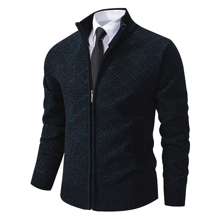 Herren Strick-Zipjacke mit geometrischem Strukturmuster und Stehkragen Drune