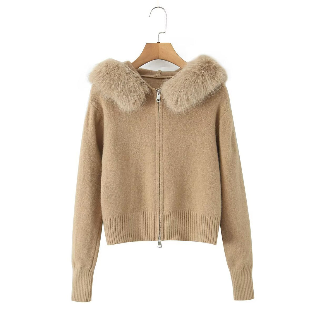 Damen Kurze Strickjacke mit Reißverschluss und abnehmbarem Kunstpelzkragen Drune
