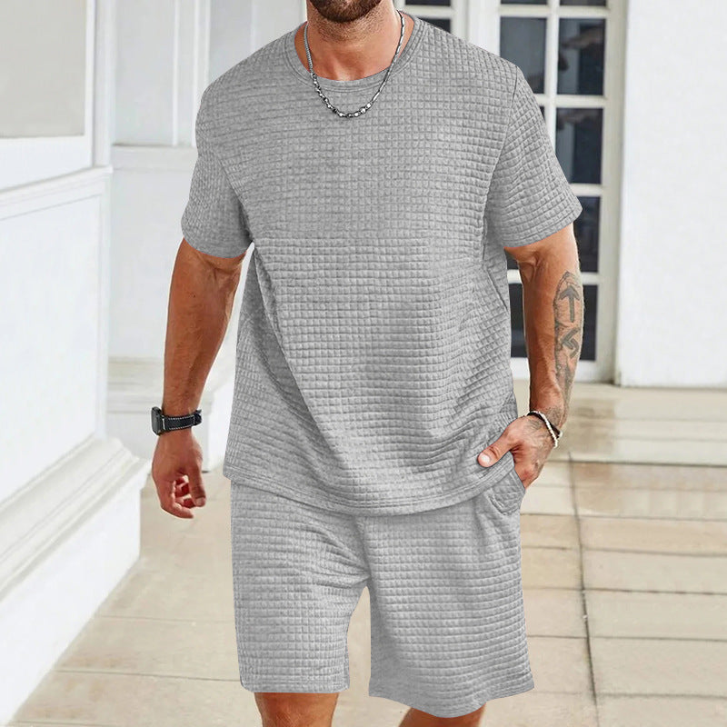 Herren nan leichter Freizeit-Zweiteiler in Waffelstruktur mit Rundhals-T-Shirt und komfortablen Shorts Drune