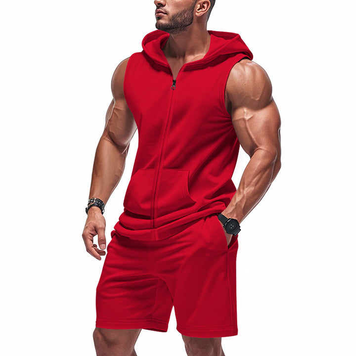 Herren nan sportliches Kapuzen-Set mit ärmelloser Sweatjacke, durchgehendem Reißverschluss und Trainingsshorts Drune