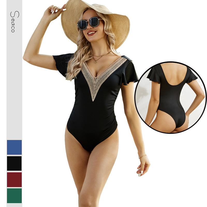 Damen Eleganter Badeanzug mit Volants und Spitzendetail Drune