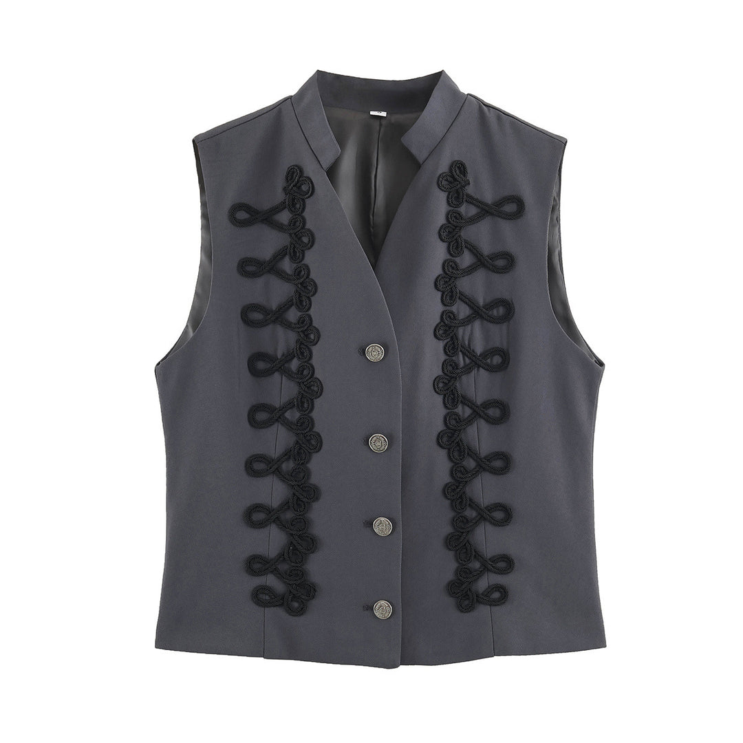 Damen Ärmellose Weste im Uniformstil mit Zierfroschverschlüssen und Stehkragen Drune