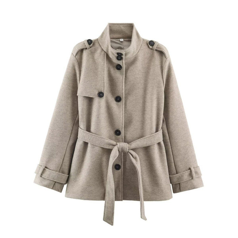 Damen kurze taillierte Manteljacke aus Wollmix mit Stehkragen, Schulterpatten und Bindegürtel Drune