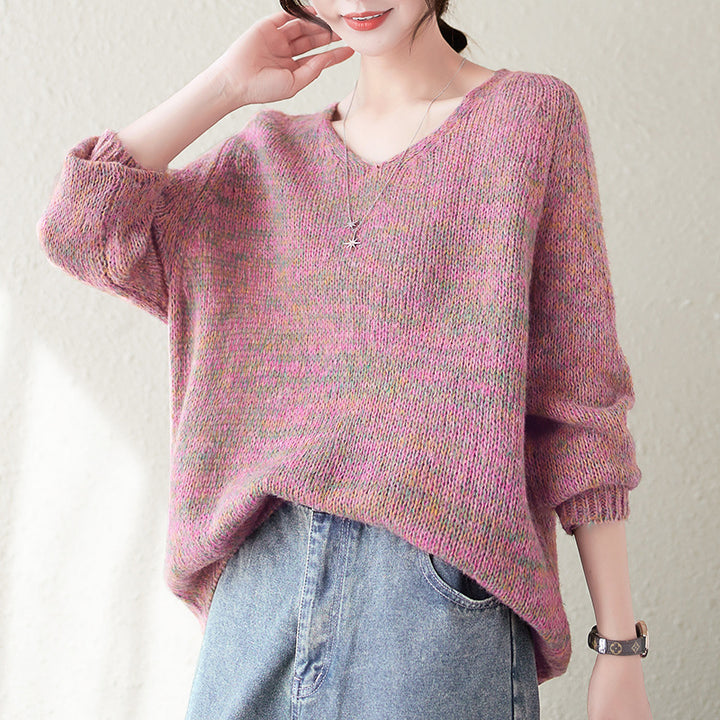 Damen bequemer Strickpullover mit V-Ausschnitt und lässigem Schnitt Drune