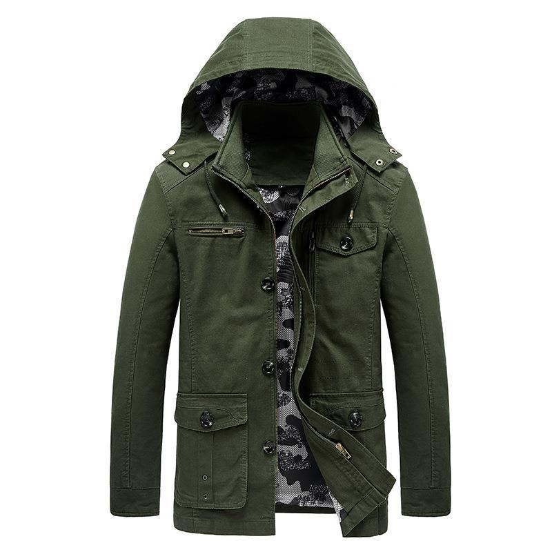 Herren mittellange Canvas-Fieldjacke mit Kapuze, Cargo‑Taschen und Camouflage‑Innenfutter Drune
