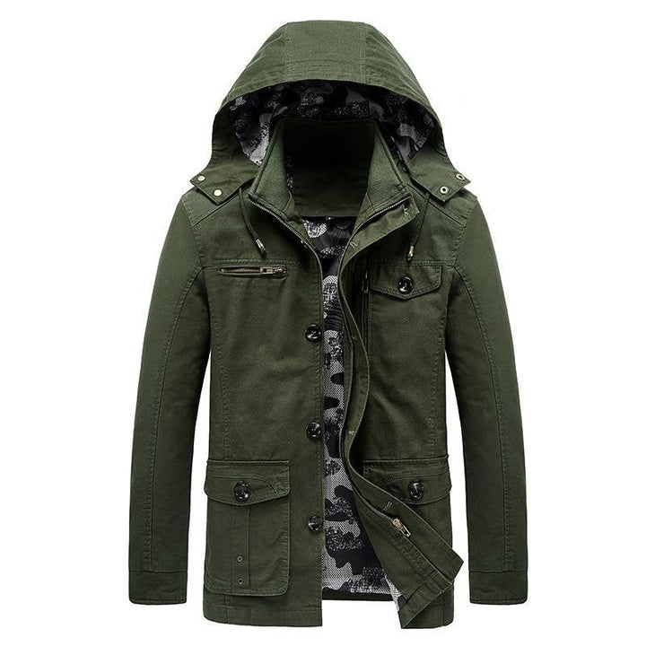 Herren mittellange Canvas-Fieldjacke mit Kapuze, Cargo‑Taschen und Camouflage‑Innenfutter Drune