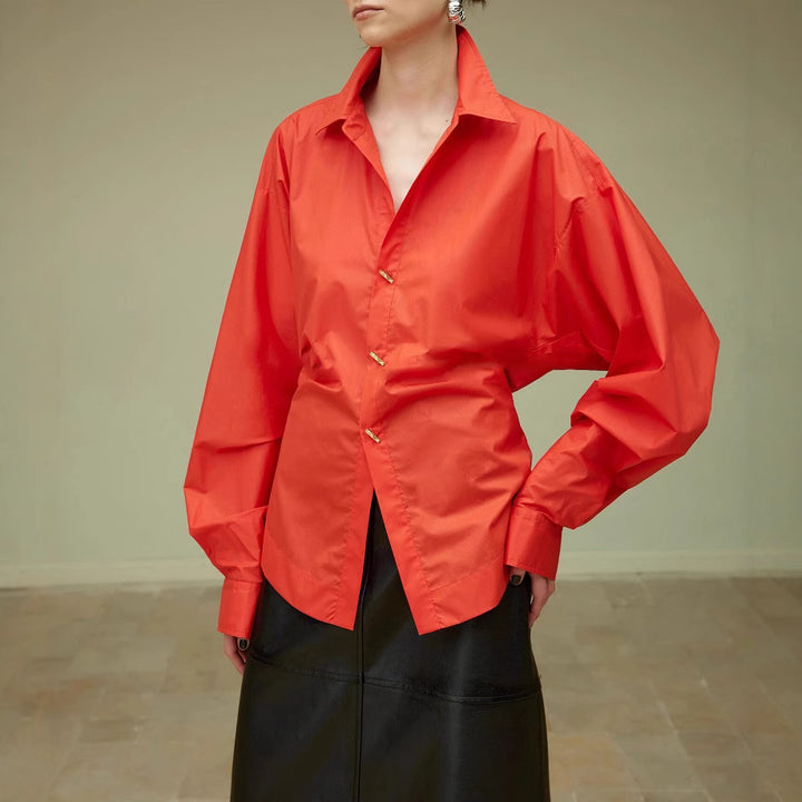 Damen Oversize-Bluse mit Ballonärmeln und taillierter V‑Schlitz-Form Drune