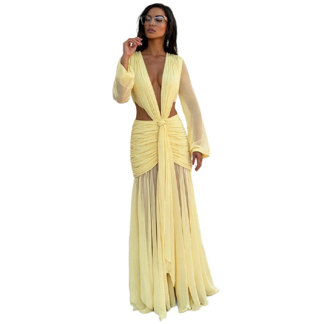 Damen Maxikleid mit raffinierten Drapierungen und tiefem V-Ausschnitt Drune