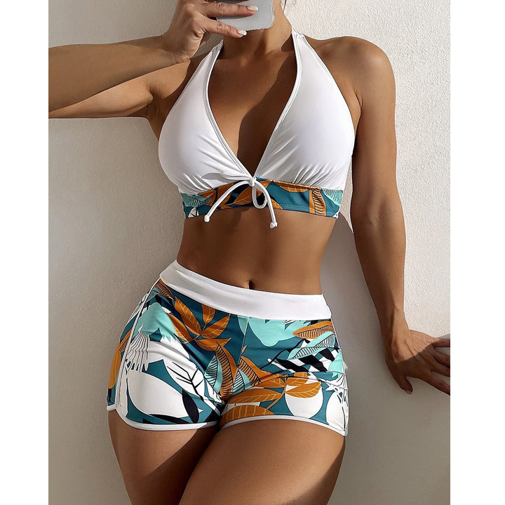 Damen Sportliches Bikini-Set mit geflochtenem Oberteil und gemusterter Shorts Drune