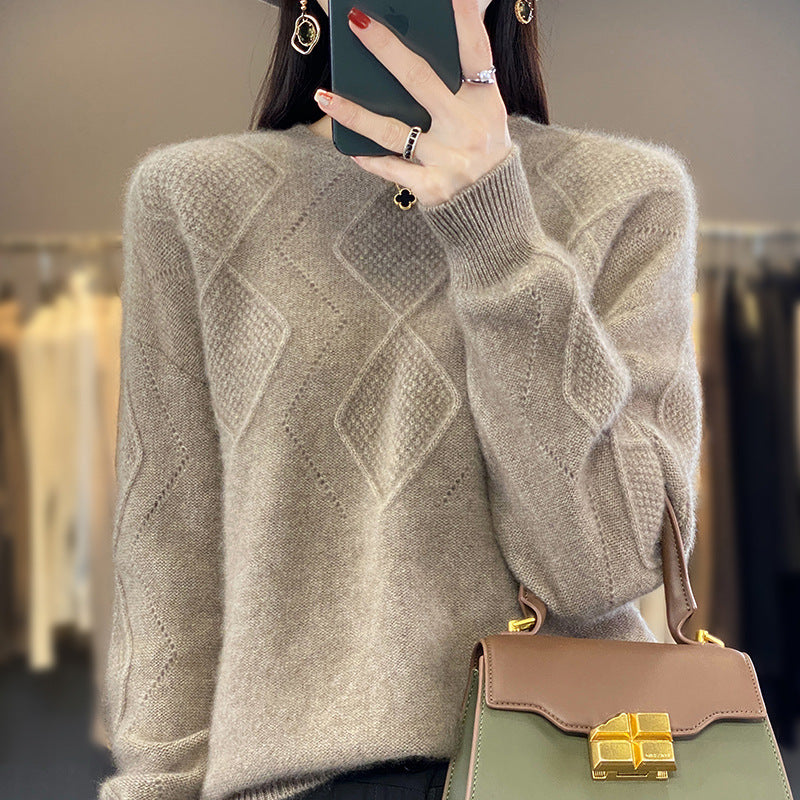 Damen Weicher Rautenmuster-Pullover im Mohair‑Look mit feiner Ajourstruktur und Rundhalsausschnitt Drune