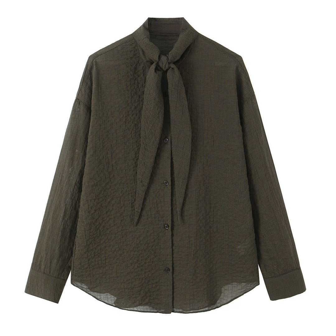 Damen Oversize-Bluse mit Schleifenkragen und feinem Vichy-Karo Drune