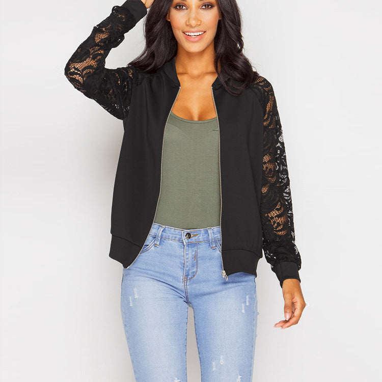 Damen Sportliche Bomberjacke mit Spitzenärmel Drune