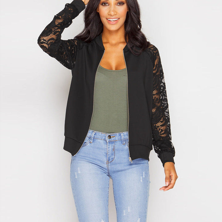 Damen Sportliche Bomberjacke mit Spitzenärmel Drune