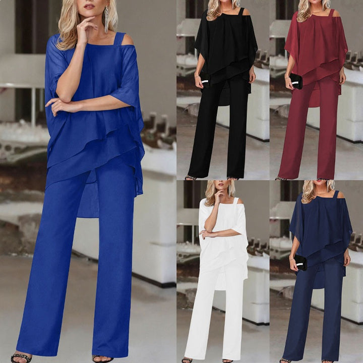 Damen Elegantes Chiffon-Zweiteiler mit Lagen‑Tunika, asymmetrischem Ein‑Schulter‑Detail und weiter Palazzohose Drune