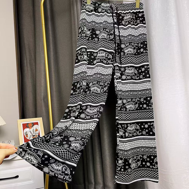 Damen Lässige Palazzo-Hose mit Elefantenmuster und elastischem Bund Drune