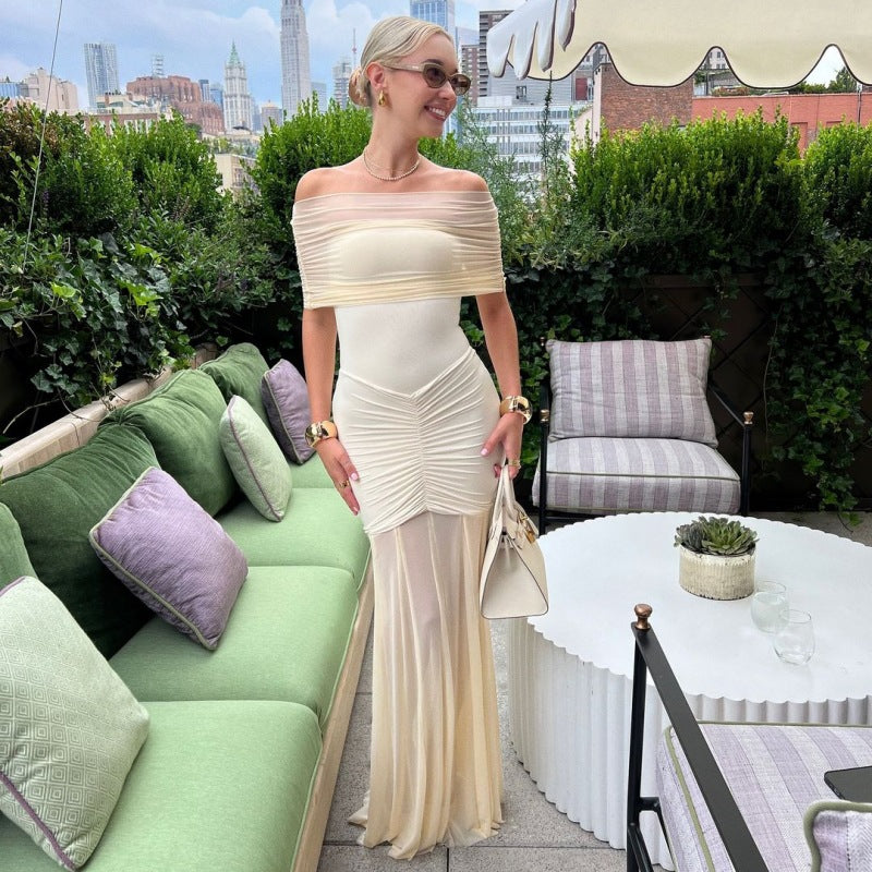 Damen Elegantes Maxi-Kleid mit schulterfreiem Design und Raffungen Drune