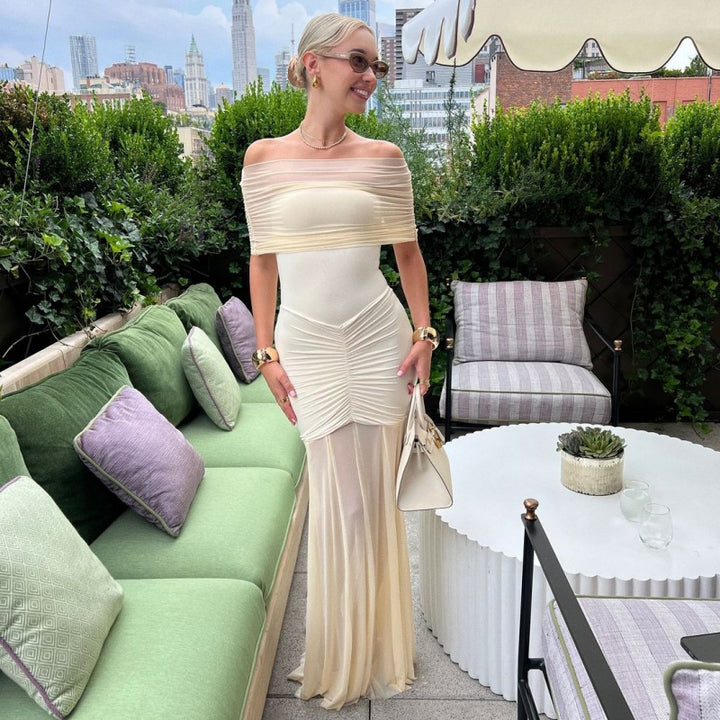 Damen Elegantes Maxi-Kleid mit schulterfreiem Design und Raffungen Drune