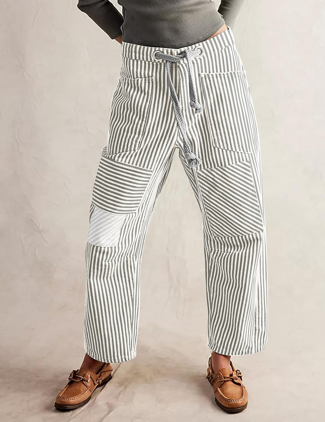 Damen nan lässige gestreifte Leinenhose mit Kordelzug und aufgesetzten Taschen Drune