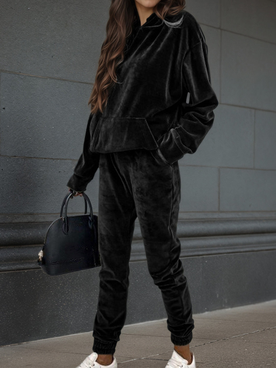 Damen Samt-Jogginganzug mit Kapuzenhoodie, Kängurutasche und elastischer Bündchenhose Drune