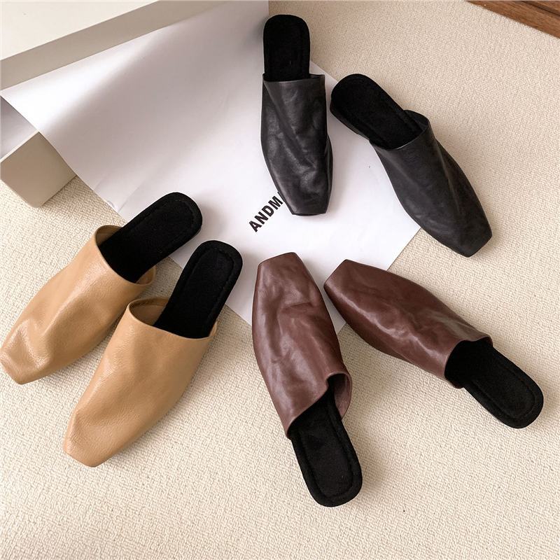 Damen Geschlossene Mule-Slipper aus softem Leder mit quadratischer Kappe Drune