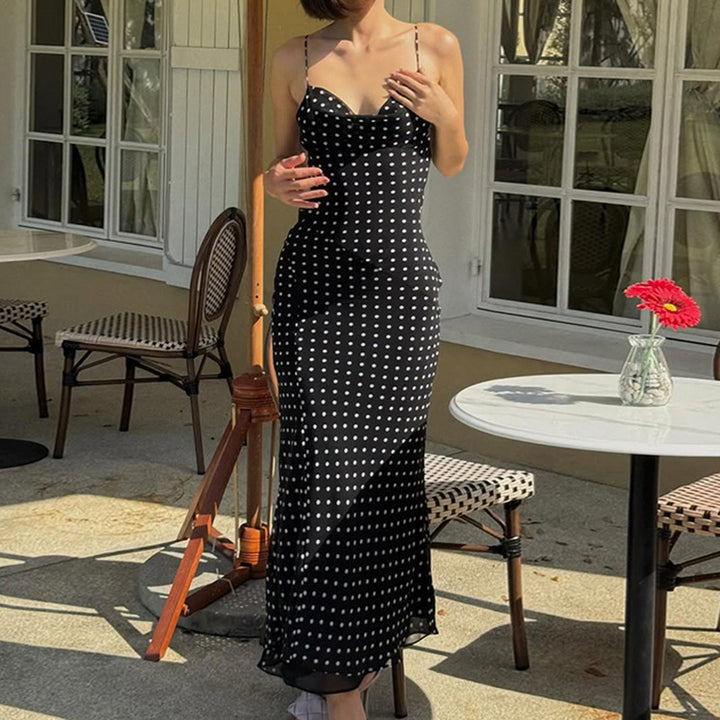 Damen Maxikleid mit feinem Punktmuster und Spaghettiträgern Drune