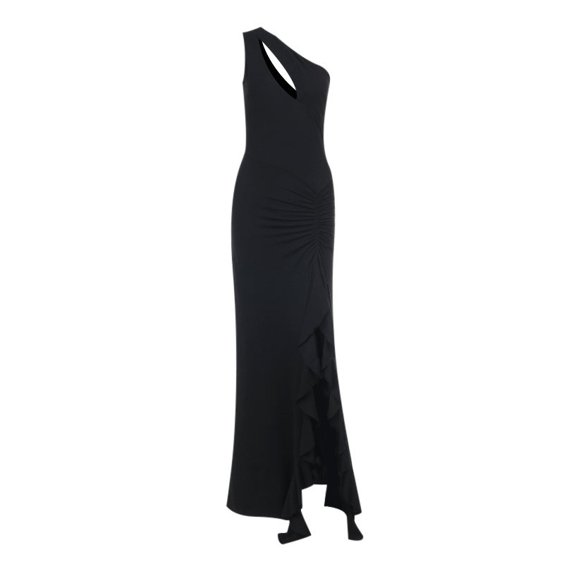 Damen elegantes asymmetrisches Maxikleid mit Rüschendetails Drune