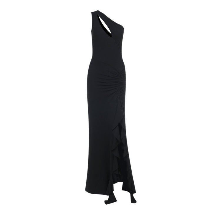 Damen elegantes asymmetrisches Maxikleid mit Rüschendetails Drune