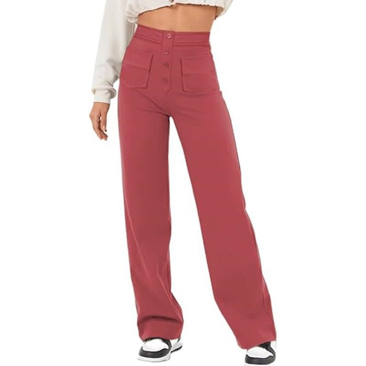 Damen elegante High-Waist Lounge-Hose mit großen Taschen und Knopfverschluss Drune