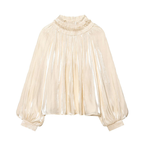 Damen nan plissierte Highneck-Bluse mit Volantkragen, Ballonärmeln und elastischen Bündchen Drune