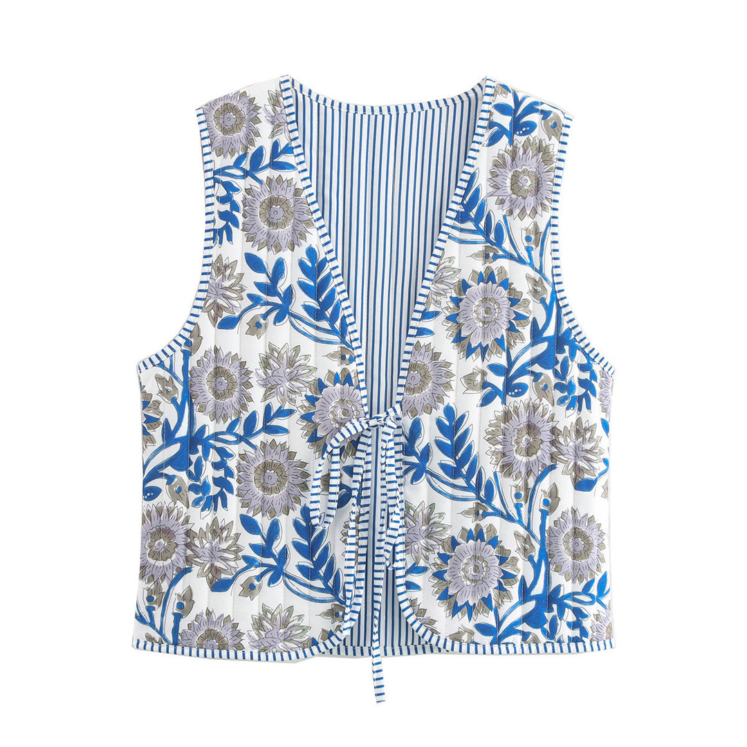 Damen Gesteppte Weste mit Toile‑Print, gestreifter Innenverarbeitung und Kordelbindung Drune