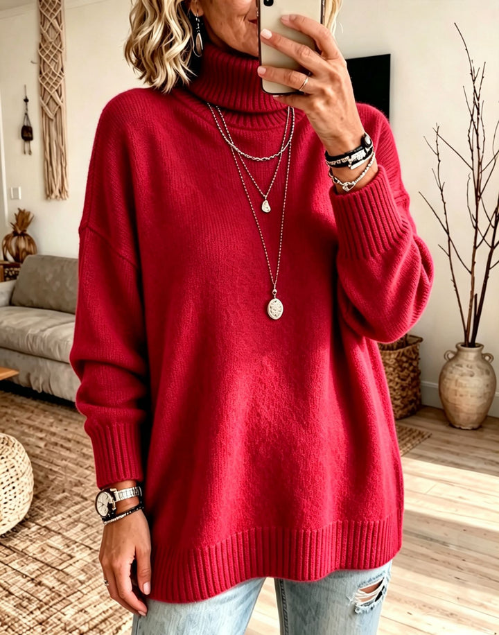 Damen Oversize Rollkragenpullover aus Feinstrick mit gerippten Bündchen und überschnittener Schulter Drune