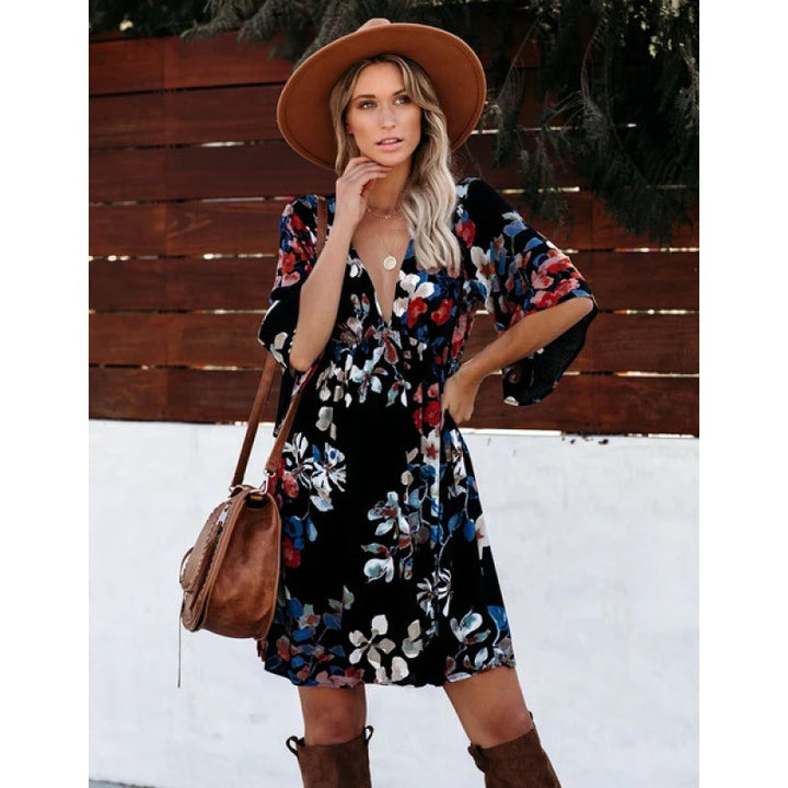 Damen boho-inspiriertes Wickelkleid mit weitem Ärmel und floralen Mustern Drune