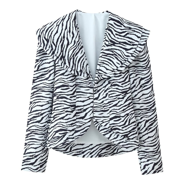 Damen Kurzblazer mit übergroßem Schalkragen und Zebra-Print Drune