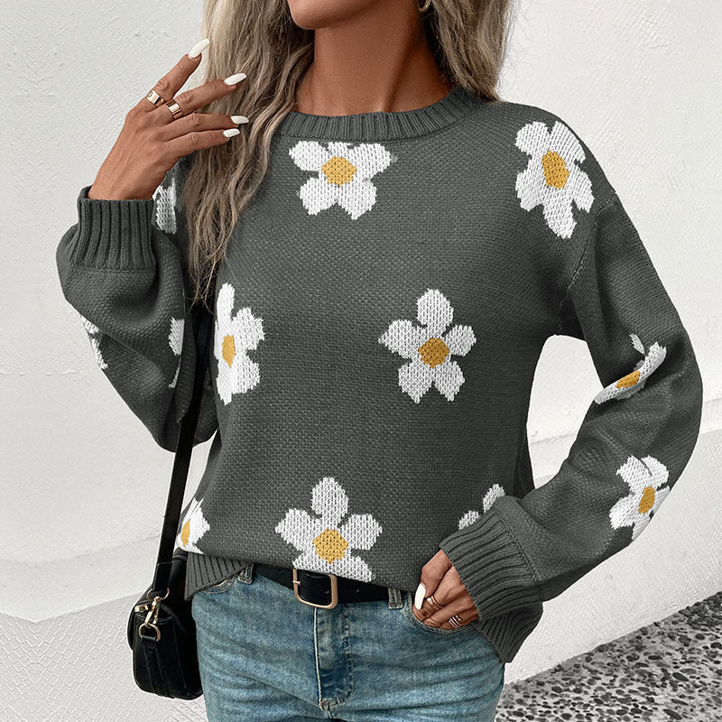 Damen Oversize-Strickpullover mit Blumenjacquard, Rundhalsausschnitt und Ballonärmeln Drune