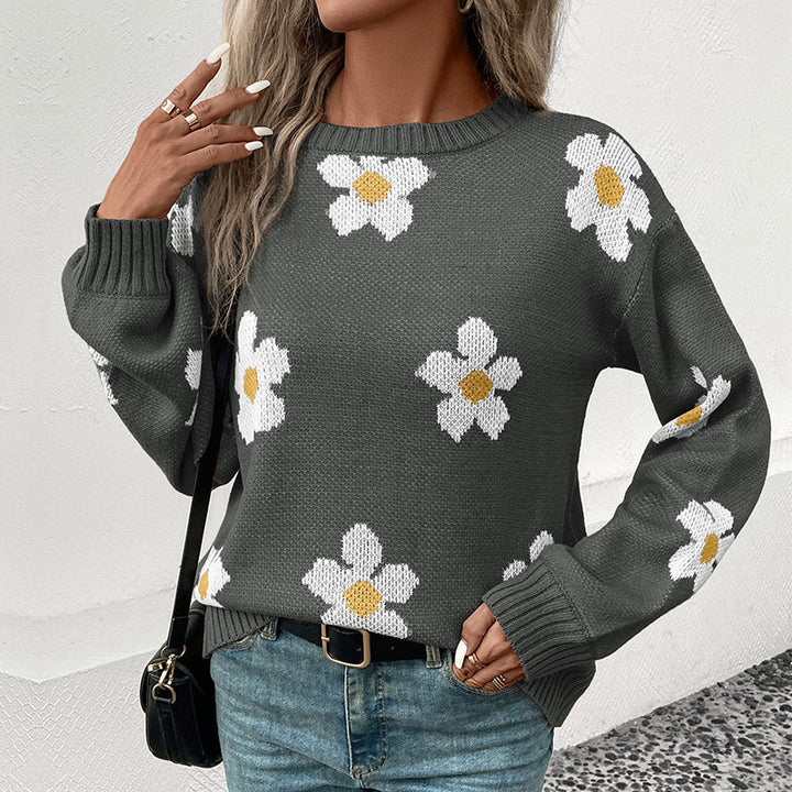 Damen Oversize-Strickpullover mit Blumenjacquard, Rundhalsausschnitt und Ballonärmeln Drune