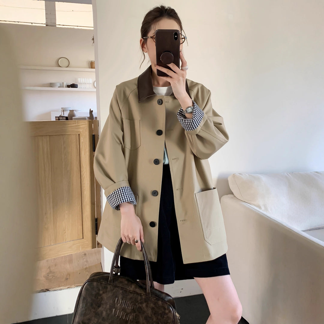 Damen Leichte Oversize-Übergangsjacke mit Kontrastkragen und kariertem Ärmelsaum Drune