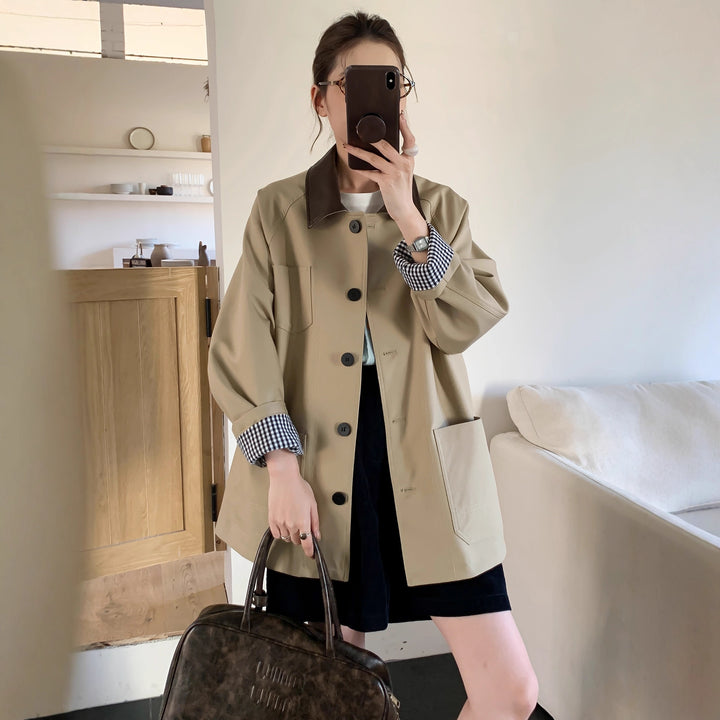 Damen Leichte Oversize-Übergangsjacke mit Kontrastkragen und kariertem Ärmelsaum Drune