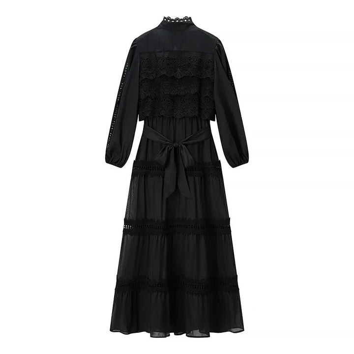 Damen nan romantisches Maxikleid mit Stehkragen, Knopfleiste und gehäkelten Spitzeneinsätzen Drune