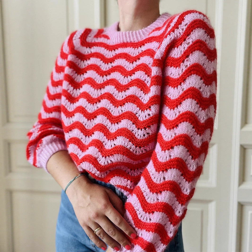 Damen Strickpullover mit wellenförmigem Muster und großzügigem Schnitt Drune