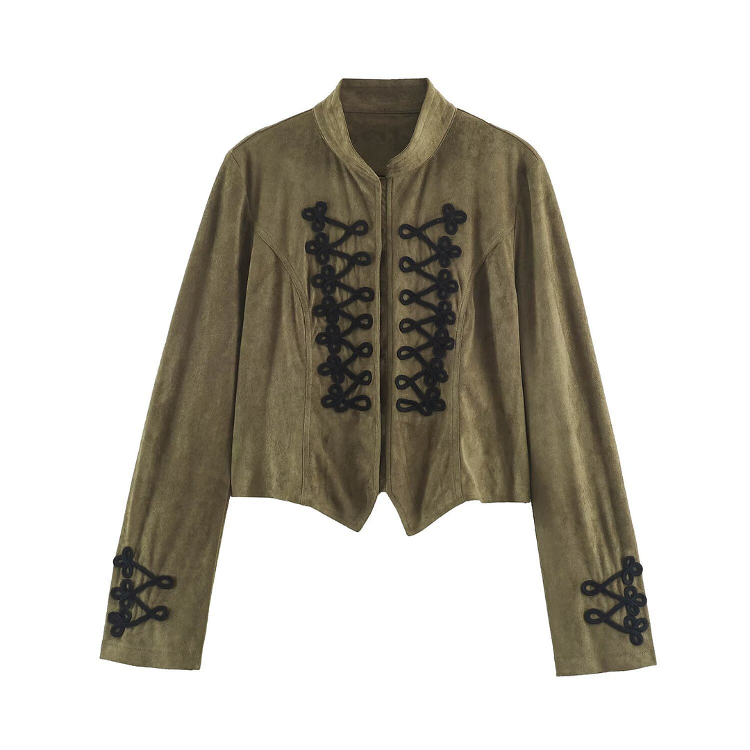 Damen Cropped Veloursimitat‑Jacke mit dekorativen Kordelfröschen Drune